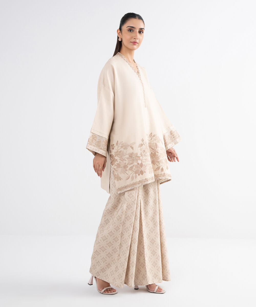 Women's Unstitched Linen Embroidered Beige  2 Piece Suit