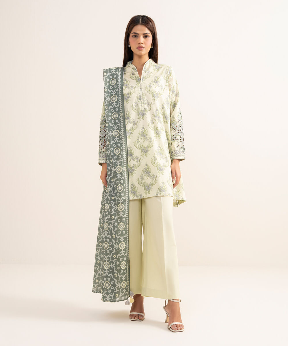 Women's Unstitched Lawn Embroidered Green 3 Piece Suit