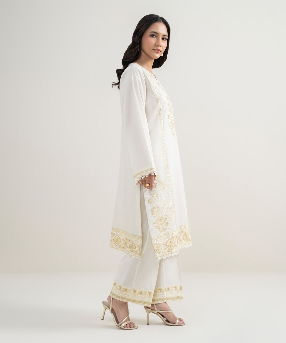 Women's RTW Zari Lawn Embroidered Off White 2 Piece Suit