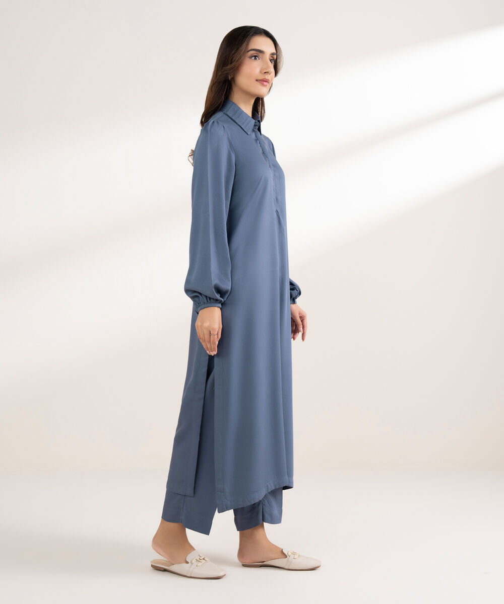 Women's RTW Bedford Solid Straight Steel Blue Shirt