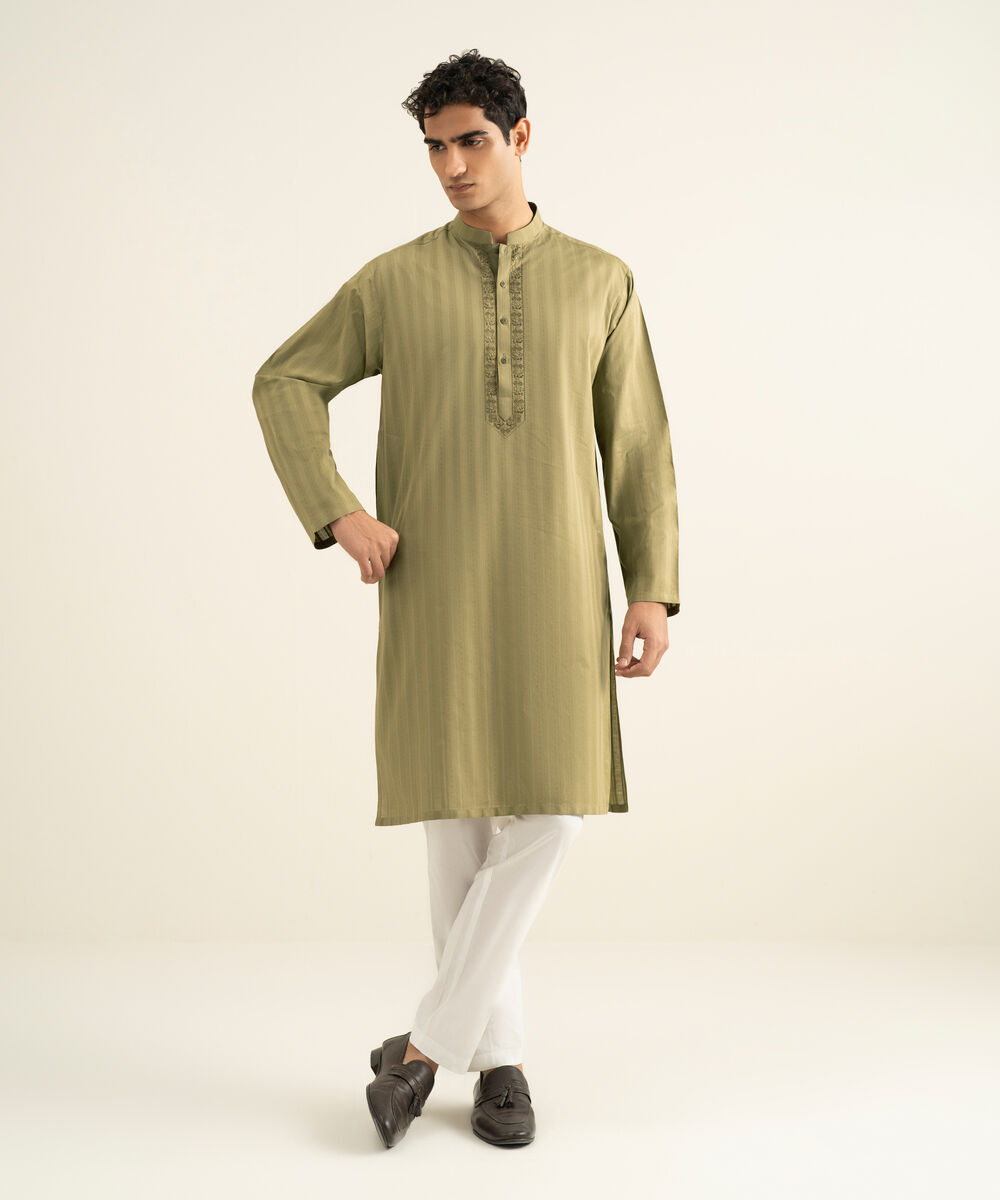 Men's olive Leno Jacquard Kurta