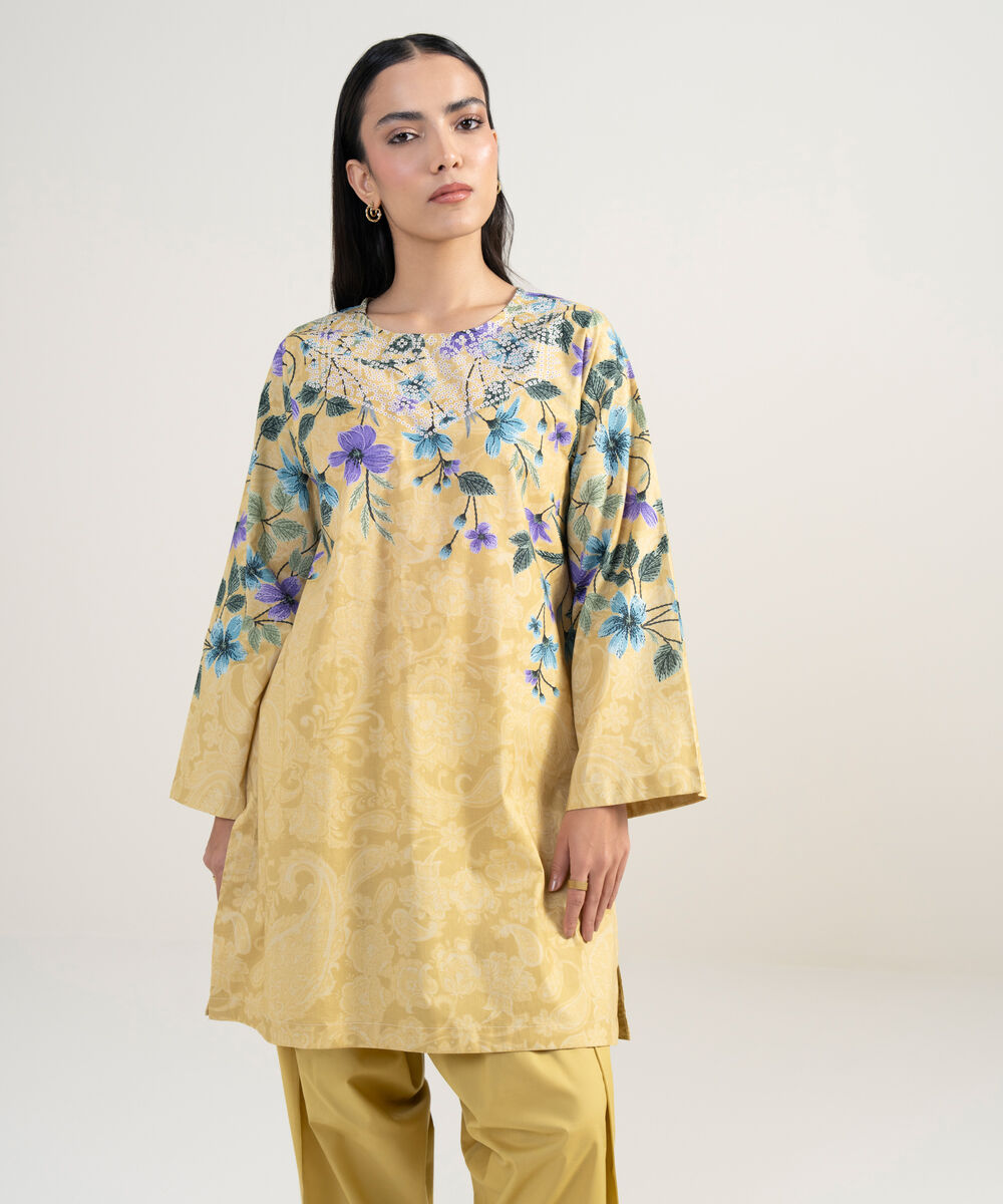 Women's RTW Cambric Printed Yellow Straight Shirt