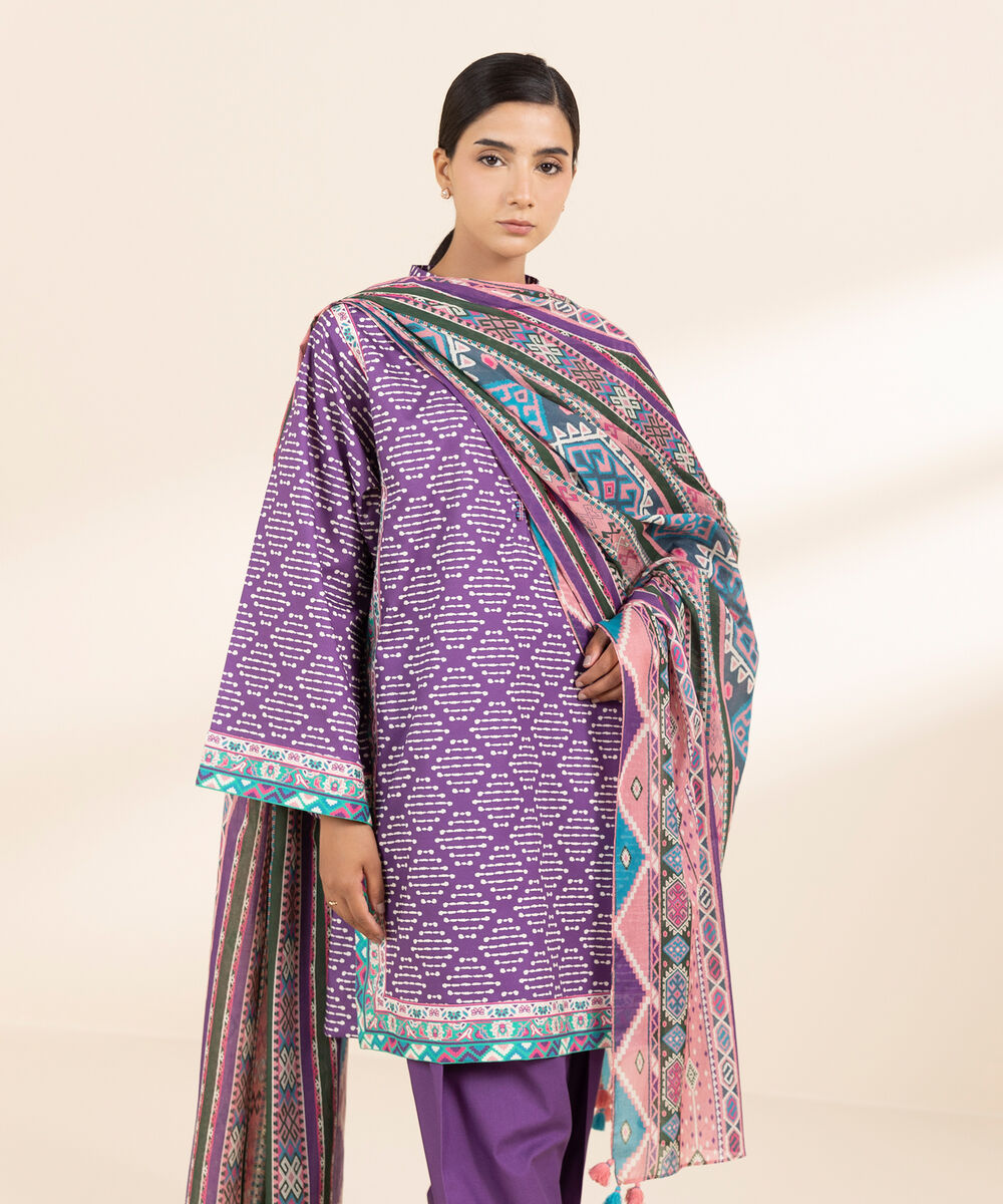 Women's Unstitched Lawn Printed Purple 3 Piece Suit