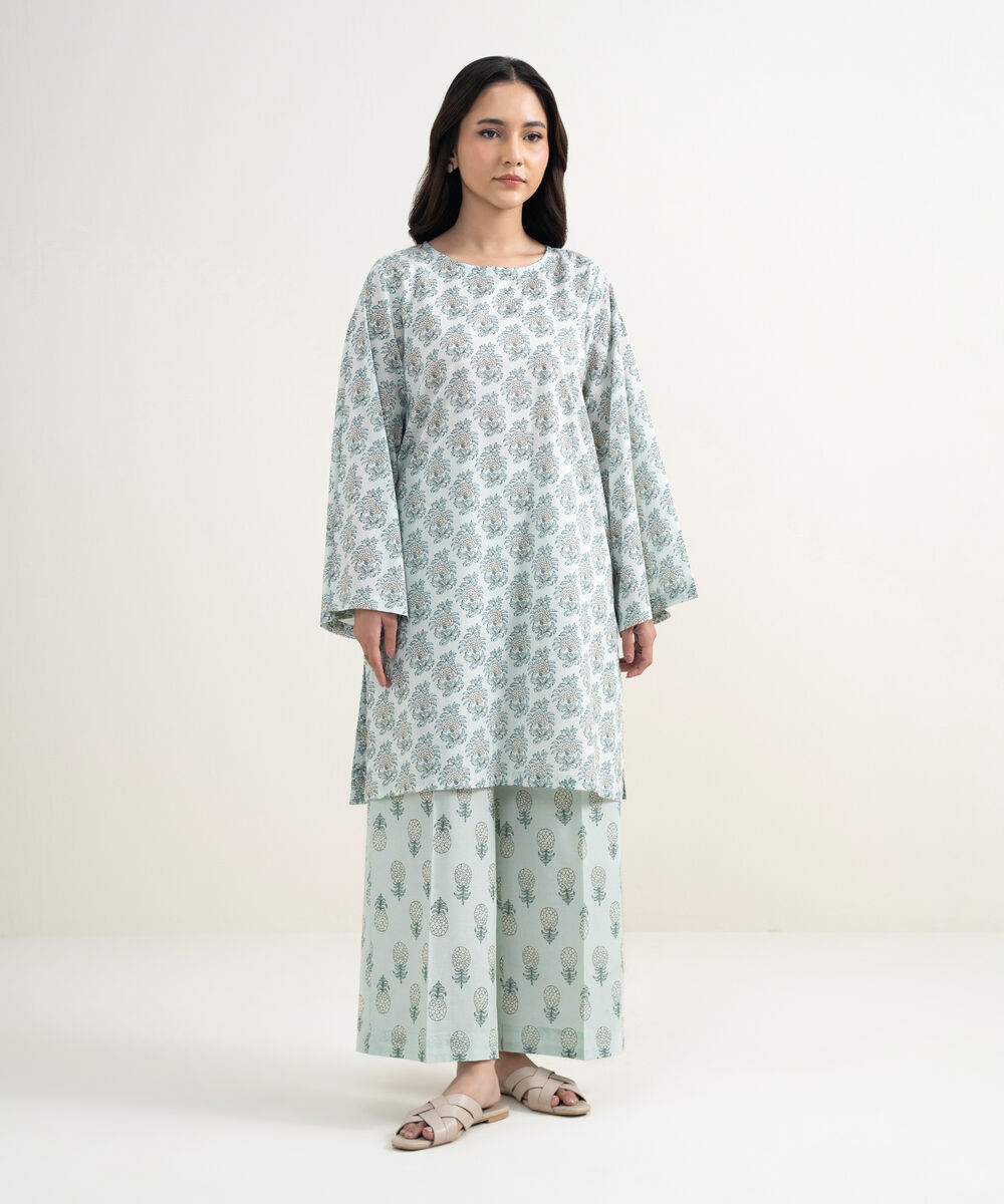 Women's RTW Lawn Printed Ice Blue Straight Shirt