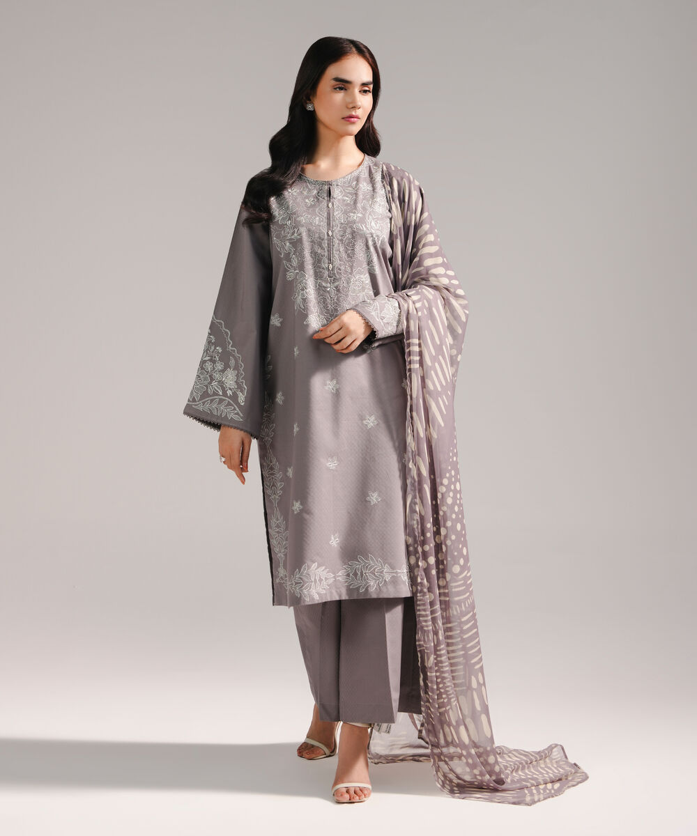 Women's RTW Dobby Embroidered Grey 3 Piece Suit