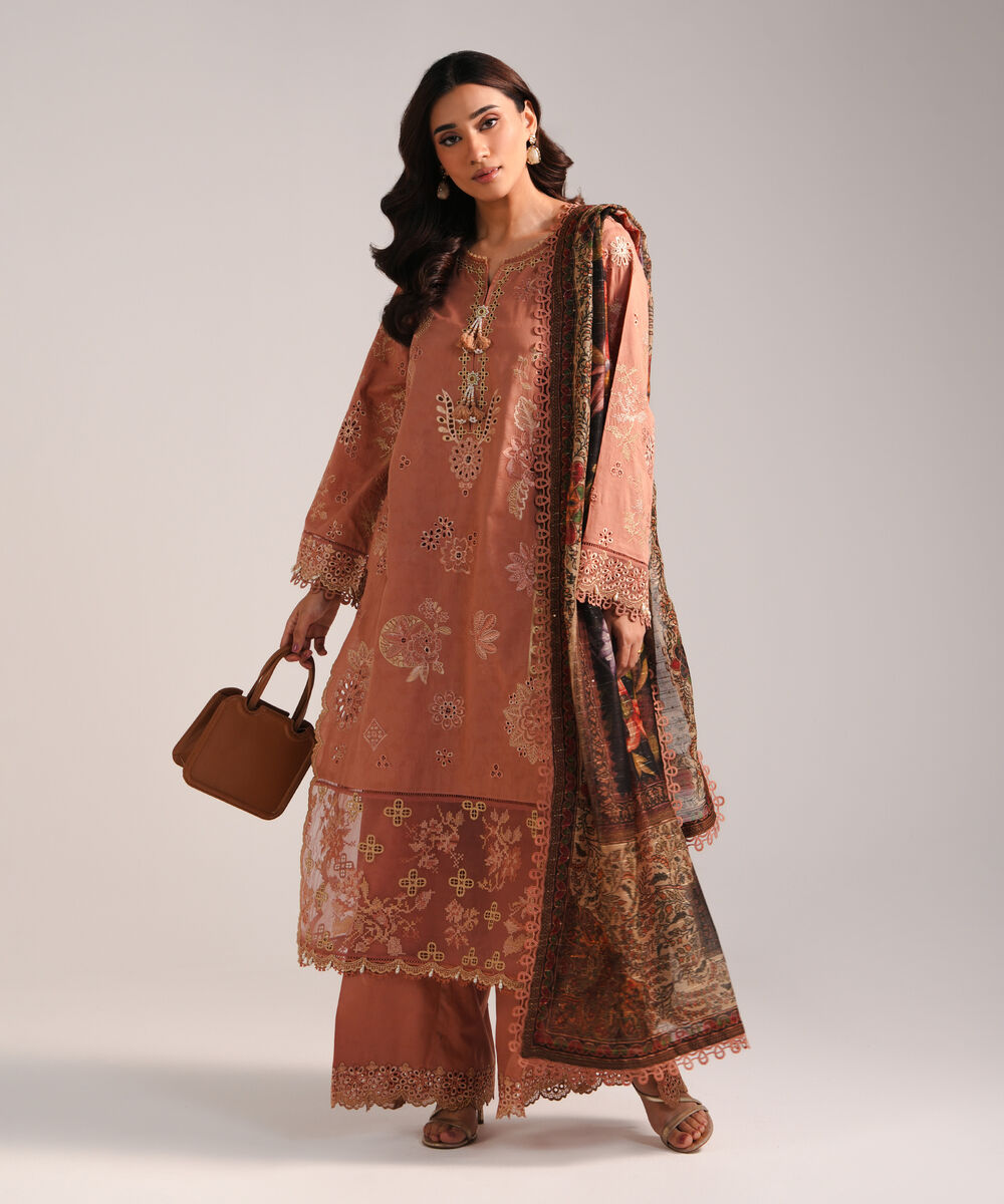 Women's RTW Self Jacquard Embroidered Blue 3 Piece Suit