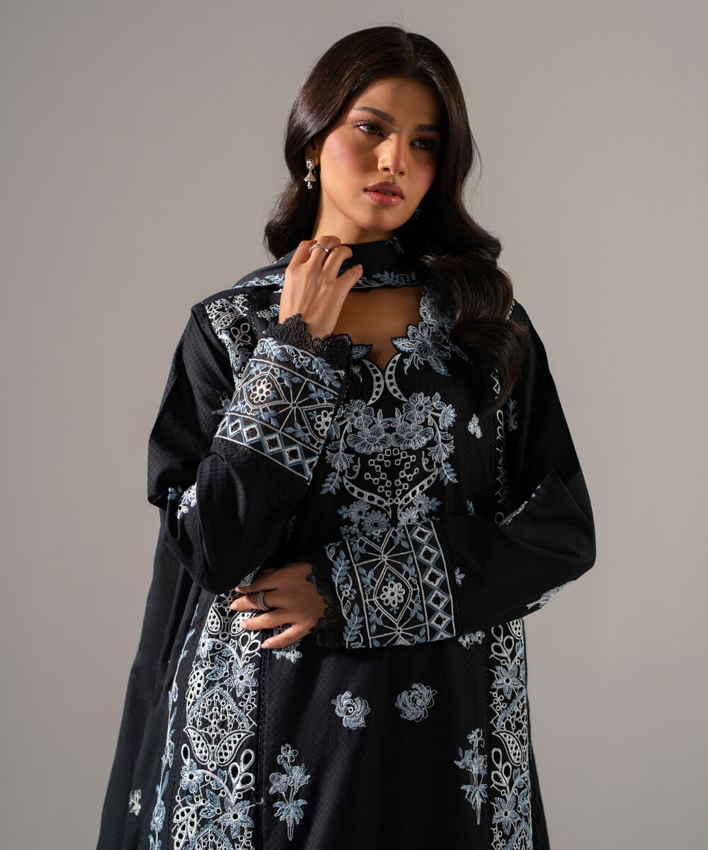 Women's RTW Dobby Solid Embroidered Black 3 Piece Suit