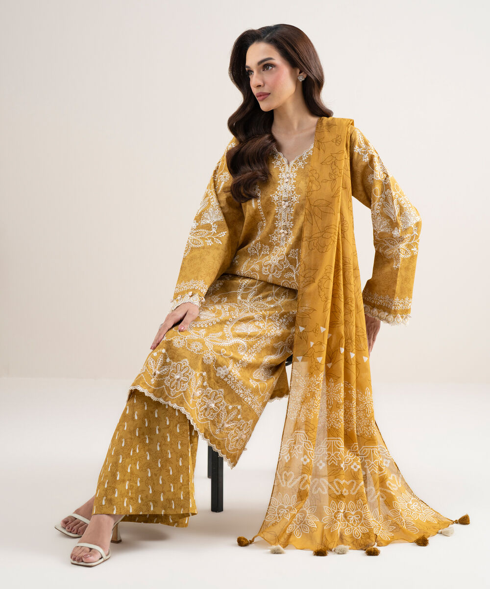 Women's Unstitched Lawn Embroidered Yellow 3 Piece Suit