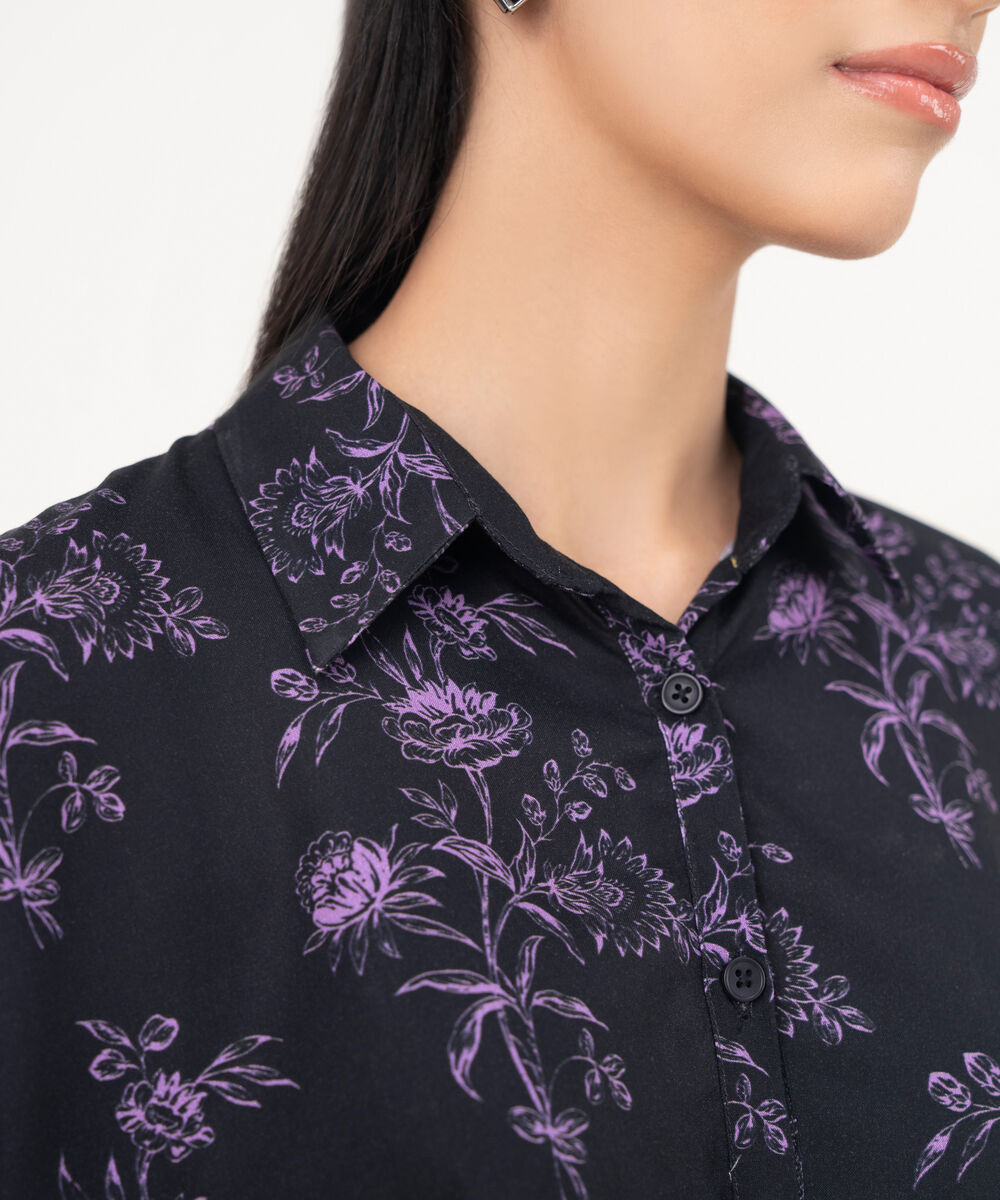 Women's RTW Viscose Linen Black Printed Button Down Shirt