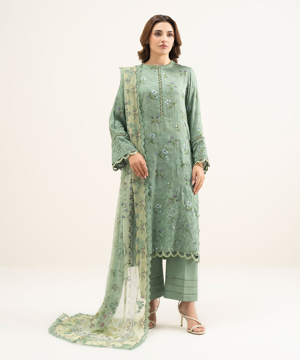 Women's Unstitched Viscose Satin Green Embroidered 3 Piece Suit