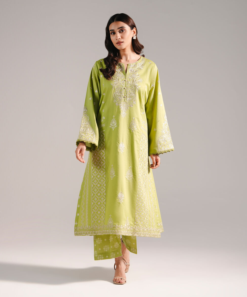 Women's RTW Dobby Embroidered Green 2 Piece Suit