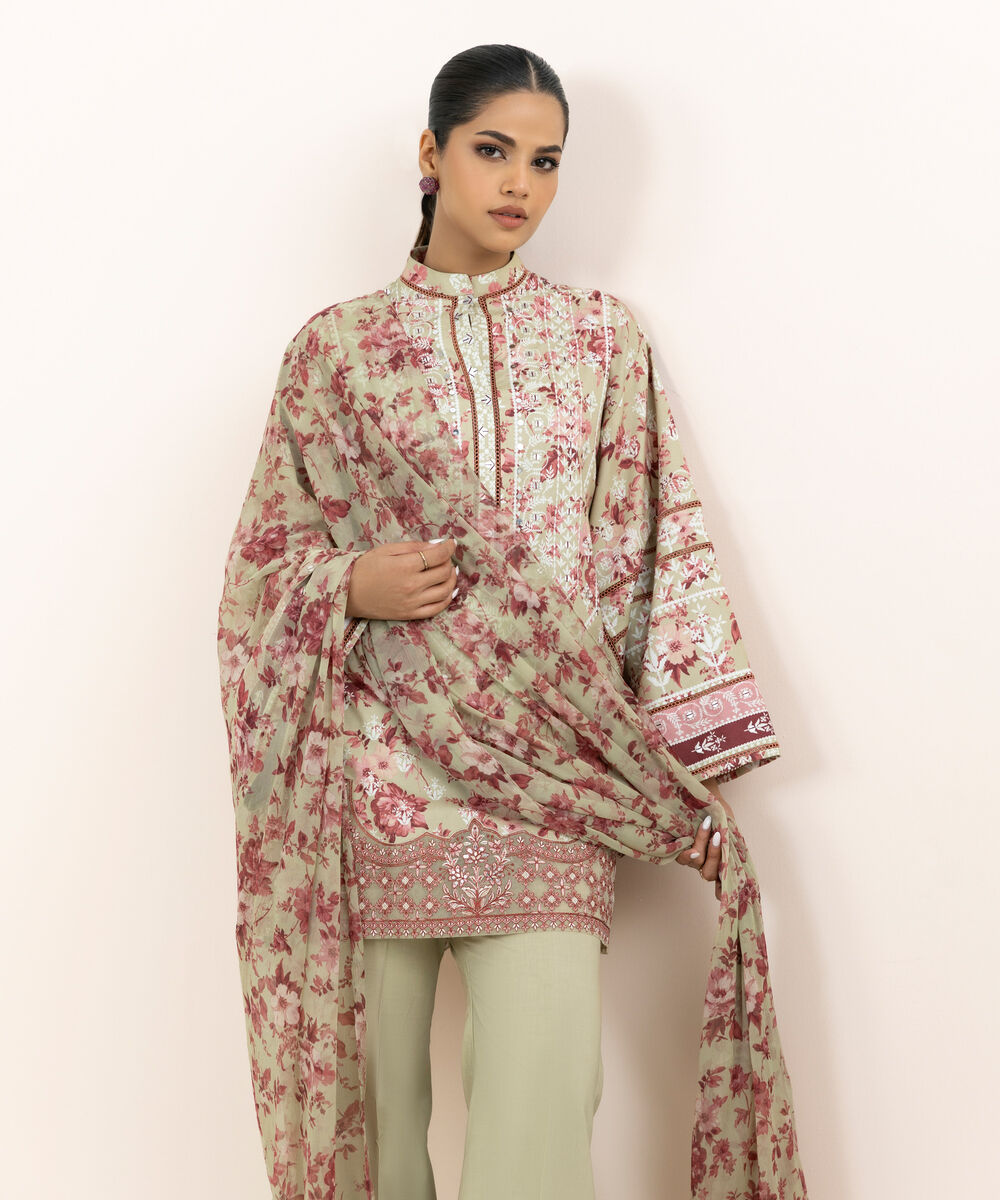 Women's Unstitched Cotton Viscose Embroidered Beige 3 Piece Suit