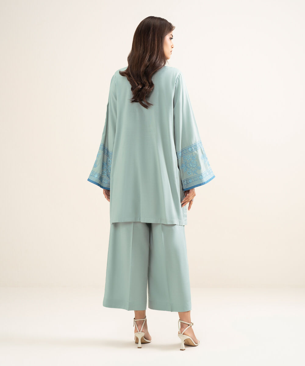 Women's RTW Cotton Viscose Embroidered Blue Straight Shirt