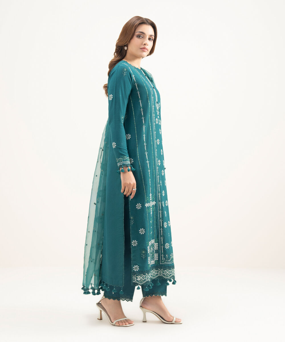 Women's Unstitched Dobby Embroidered Green 3 Piece Suit