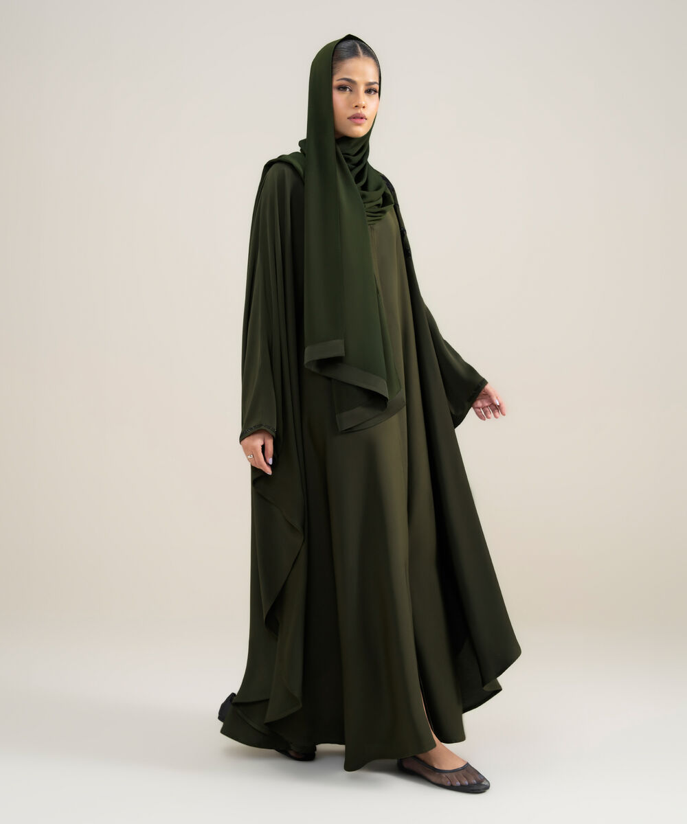 Women's Polyester Green Embellished Cape Abbaya Set