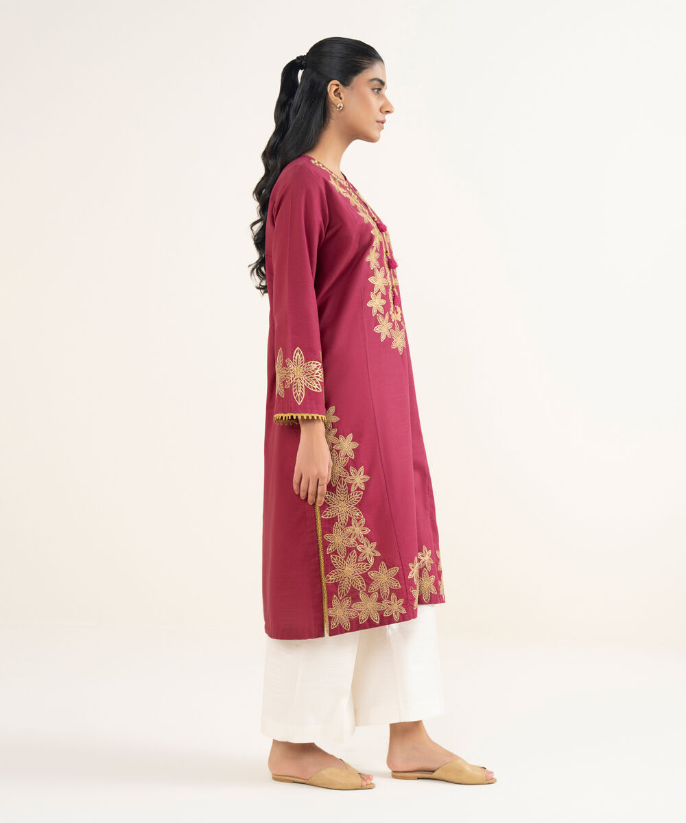 Women's RTW Light Khaddar Embroidered Pink A-Line Shirt