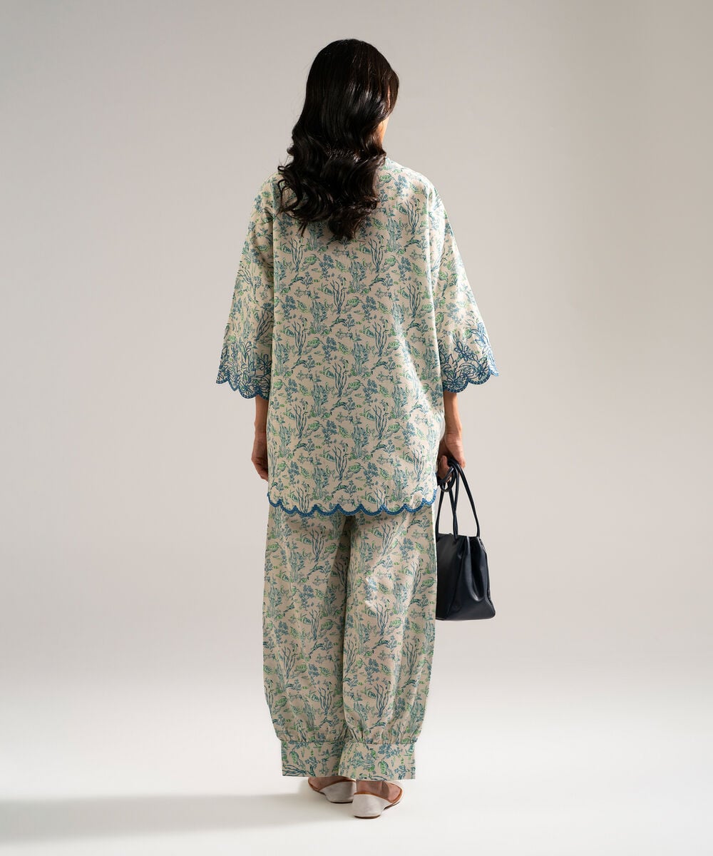 Women's RTW Dobby Embroidered Off White Drop Shoulder Shirt