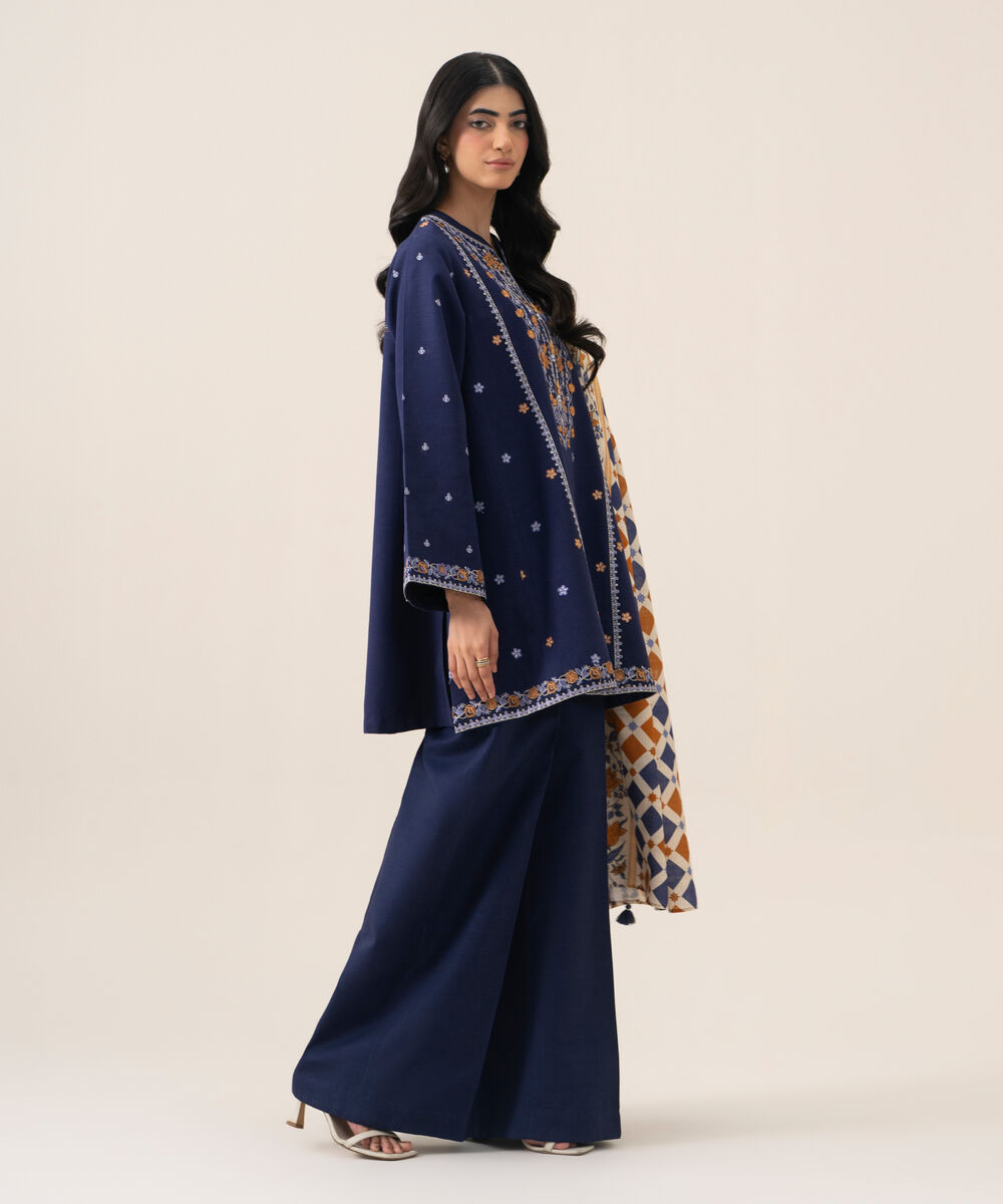 Women's Unstitched Cotton Embroidered Blue 3 Piece Suit