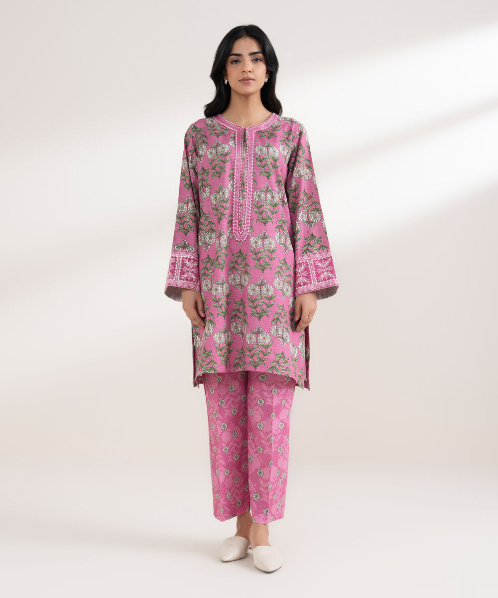 Women's RTW Light Khaddar Embroidered Fuchsia Straight Shirt