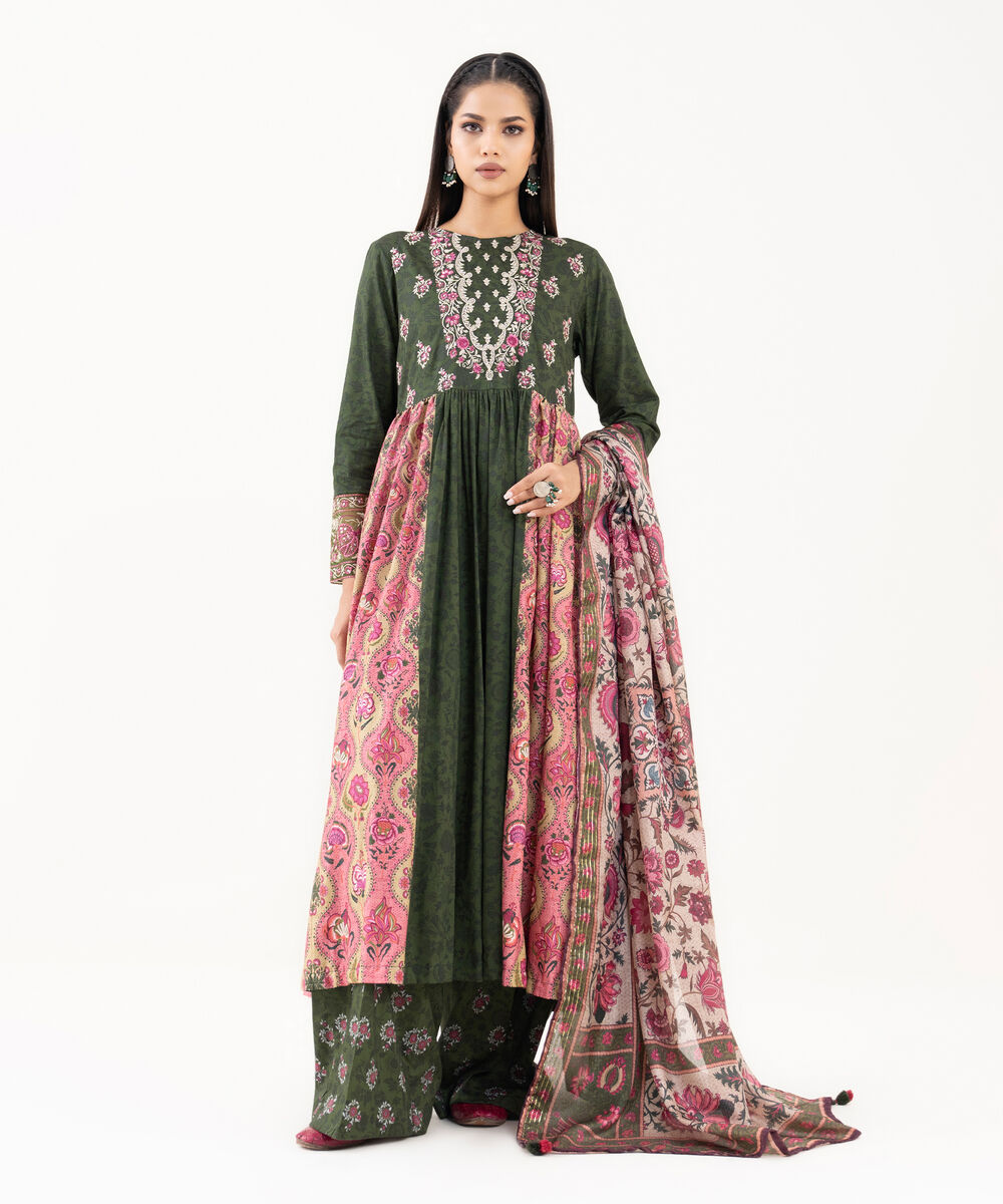 Women's RTW Lawn Viscose Green Embroidered Pishwas