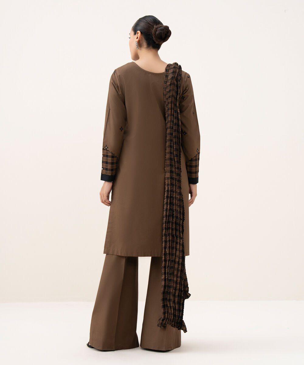 Women's Unstitched Cotton Embroidered Brown 3 Piece Suit