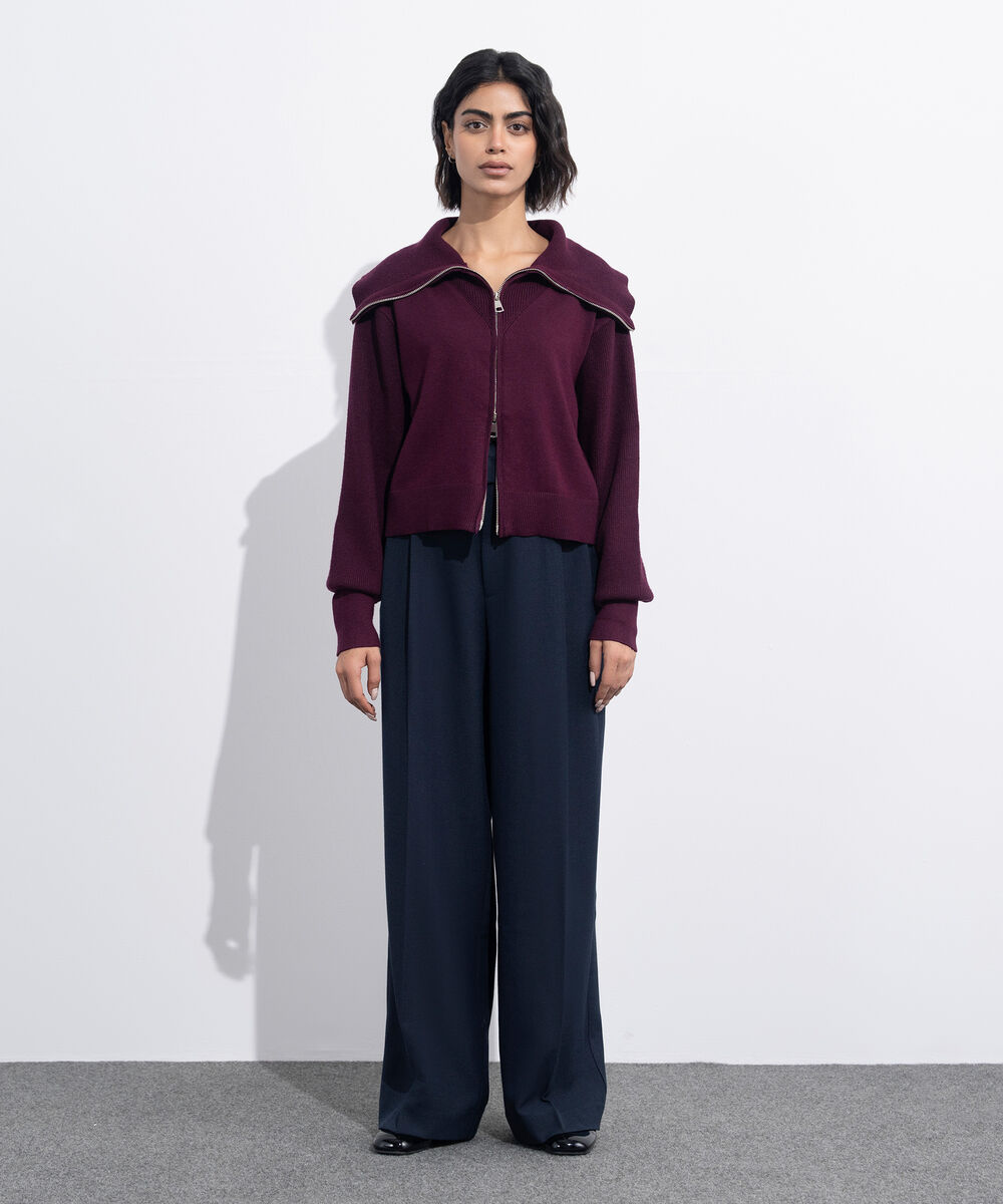 Women's Western Wear Maroon Zip-Up Knit Sweater