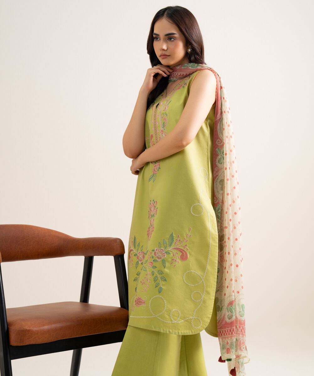 Women's Unstitched Embroidered Textured Lawn Parrot Green 3 Piece Suit