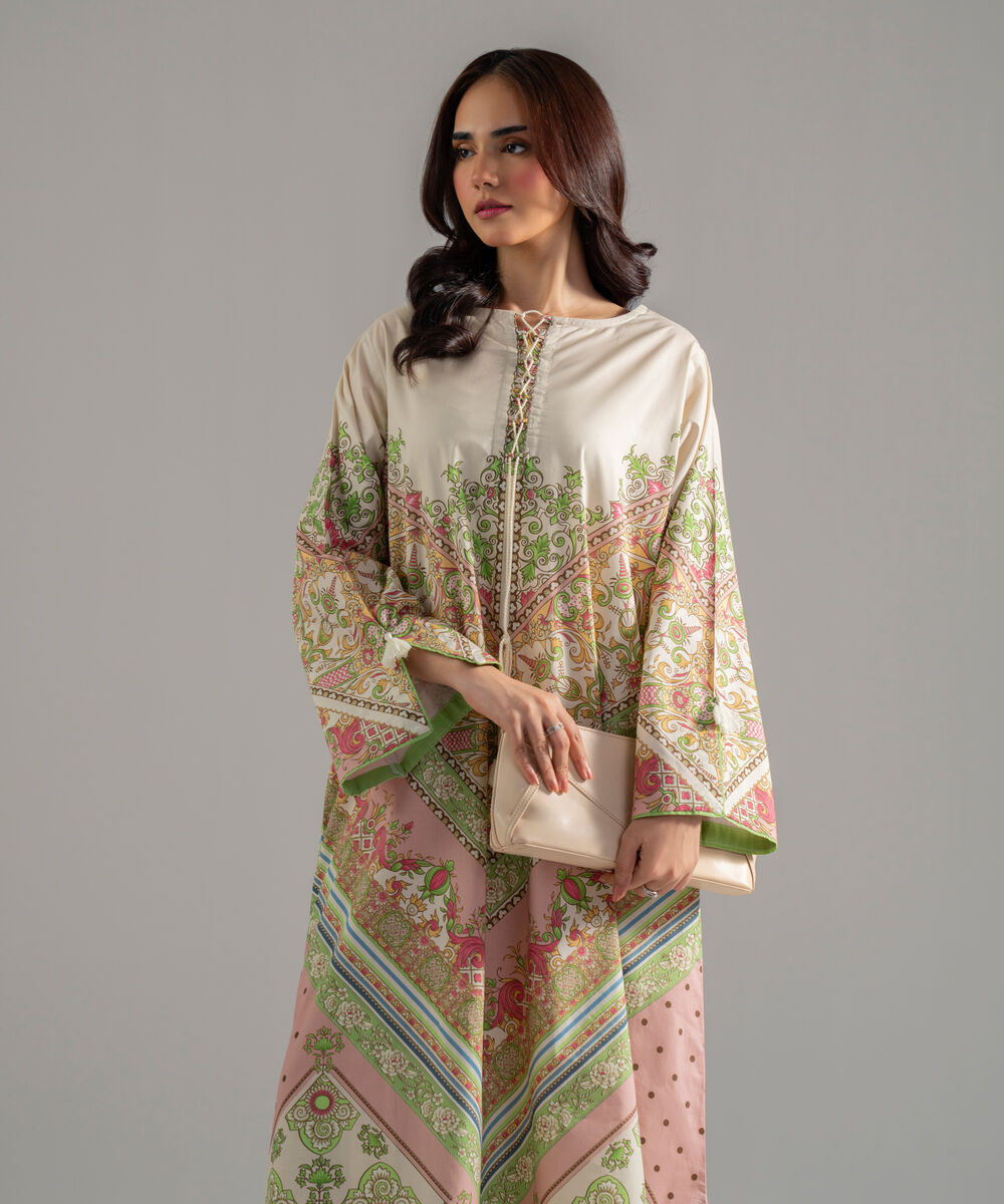 Women's RTW Lawn Printed Beige 2 Piece Suit
