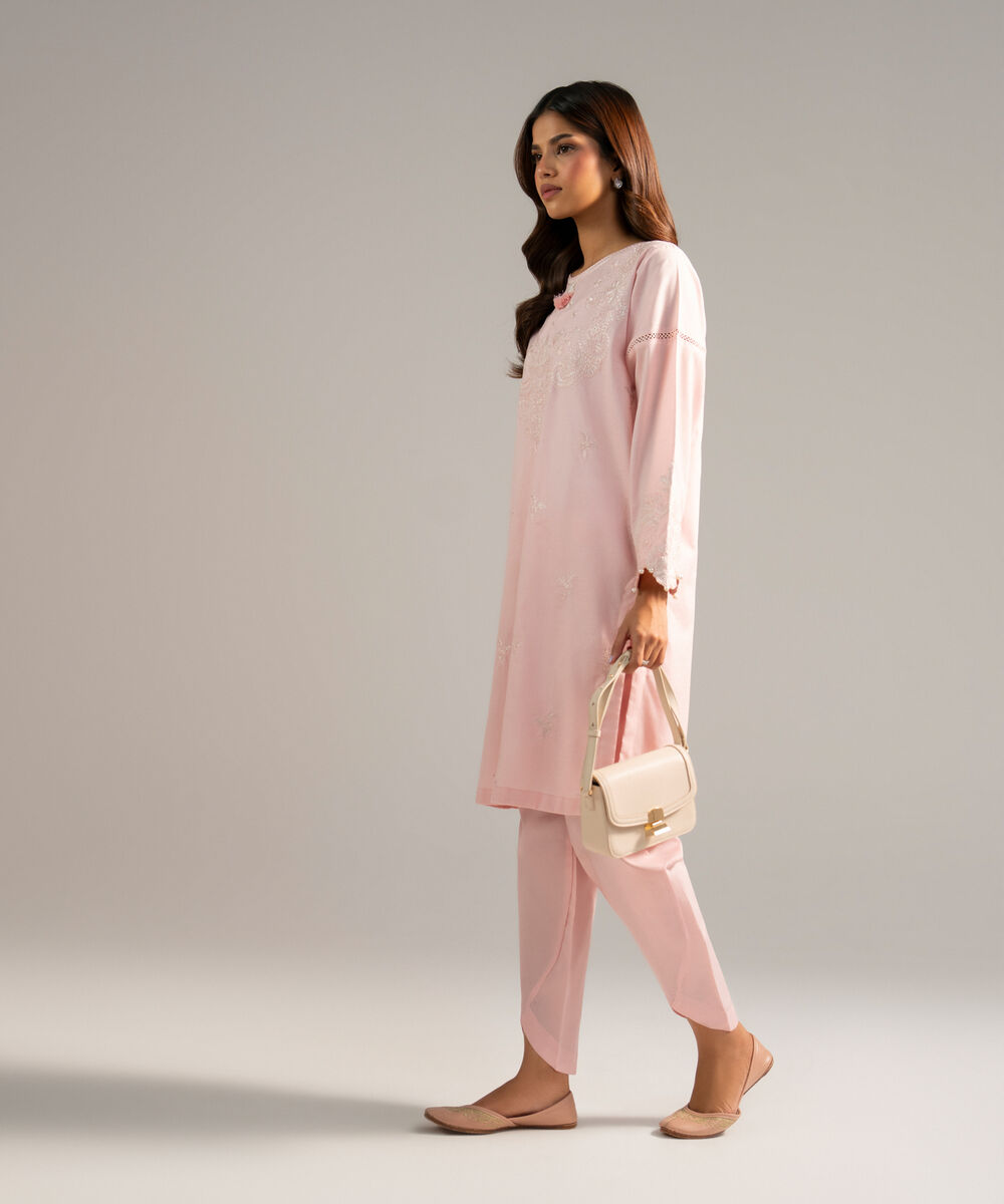 Women's RTW Dobby Embroidered Pink Straight Shirt