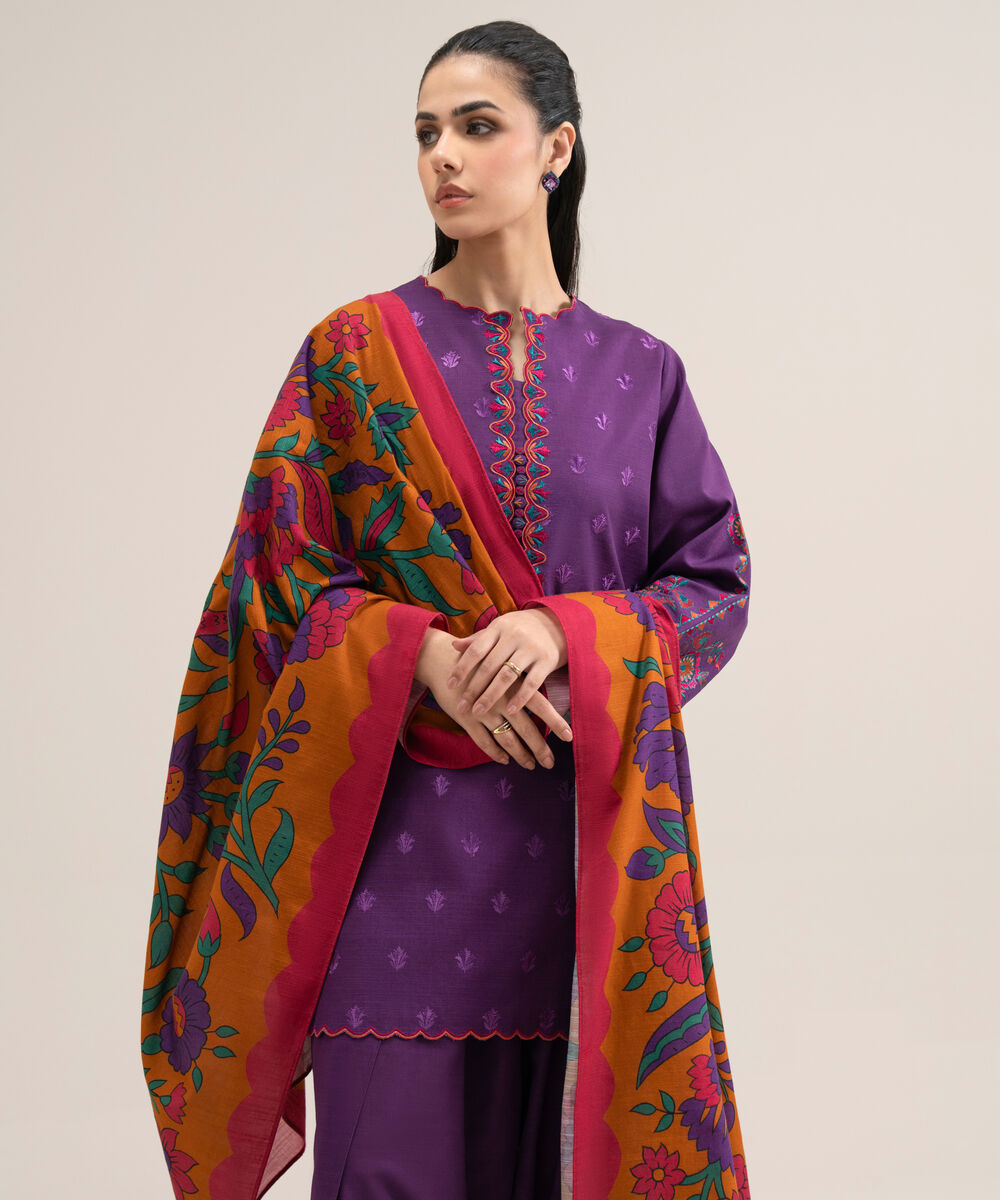 Women's Unstitched Cotton Embroidered Purple 3 Piece Suit