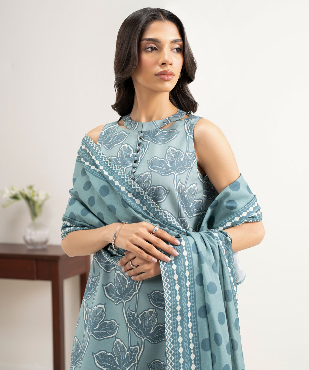 Women's Unstitched Lawn Printed Blue  3 Piece Suit