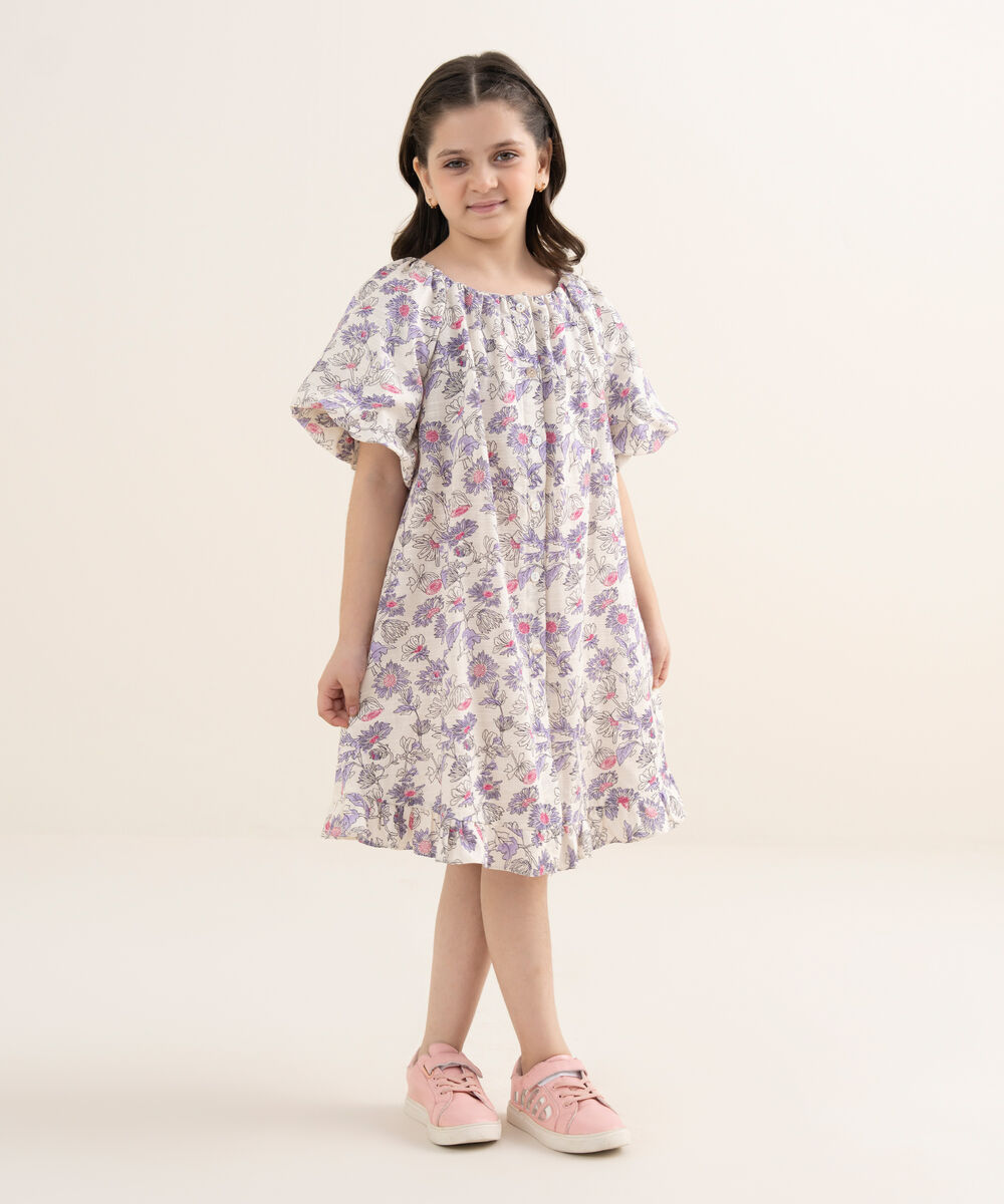 Girl's Khaddar Printed Green Frock