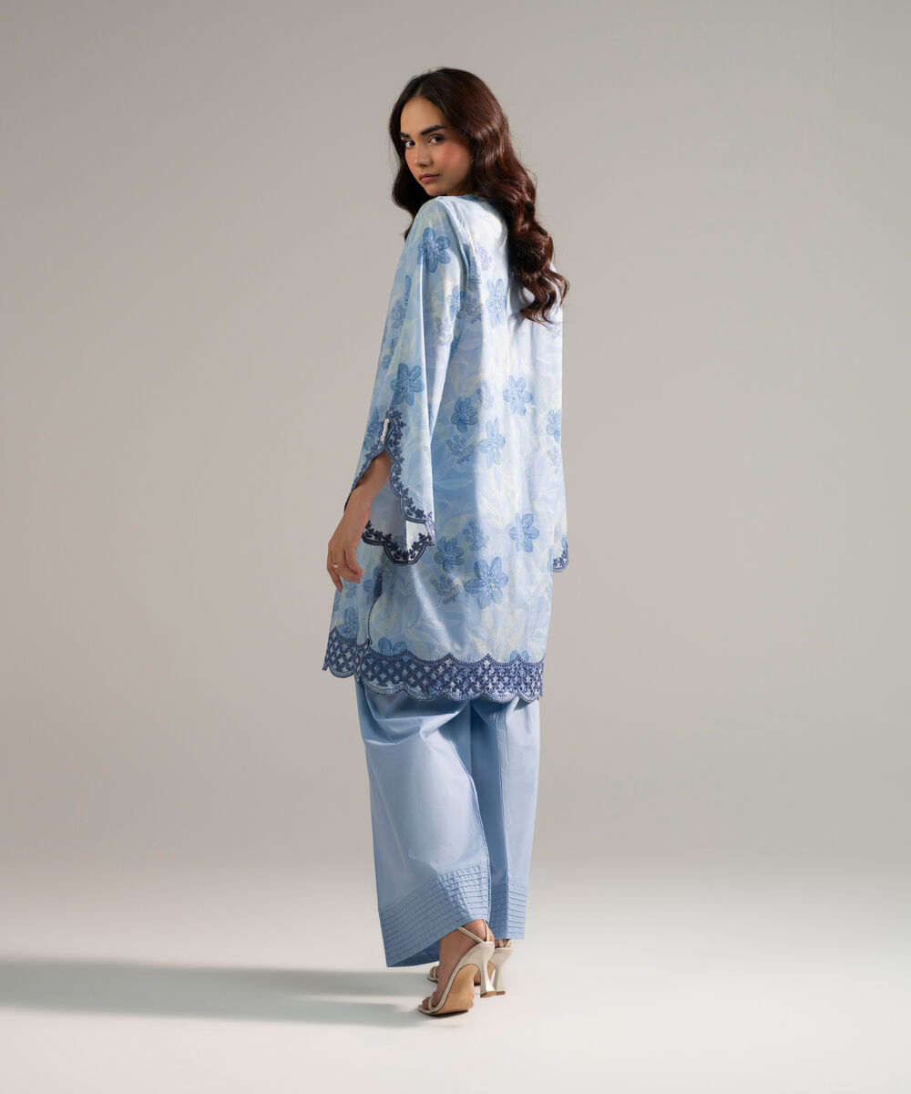 Women's RTW Slub Lawn Embroidered Blue 2 Piece Suit