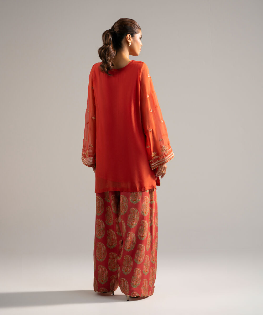 Women's RTW Chiffon Embroidered Rust 2 Piece Suit