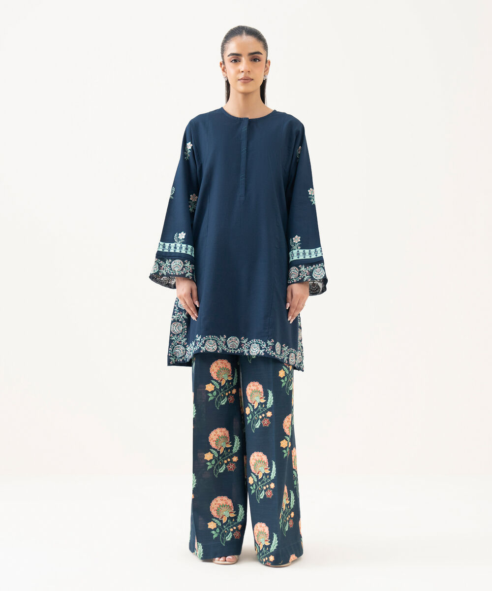 Women's RTW Light Khaddar Blue Embroidered Straight Shirt