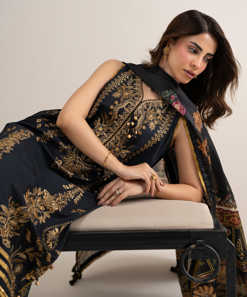 Women's Unstitched Dobby Embroidered Black 3 Piece Suit