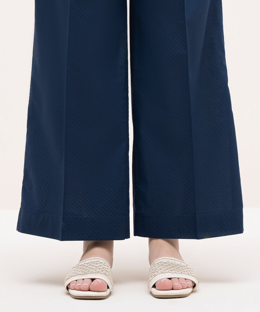 Women's RTW Textured Lawn Blue Solid Culottes