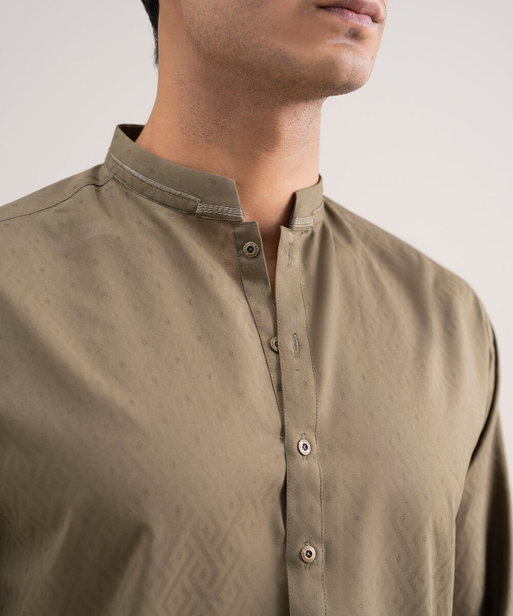 Men's Stitched Cotton Jacquard Olive Kurta