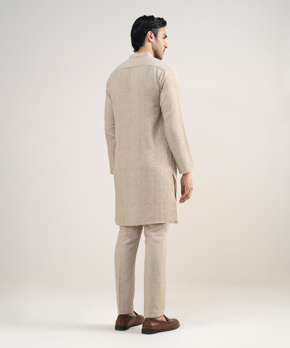 Men's Stitched Blended Linen Beige Suit