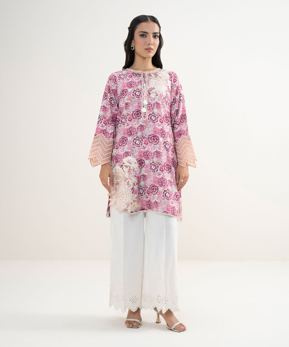 Women's RTW Viscose Raw Silk Embroidered Pink Straight Shirt