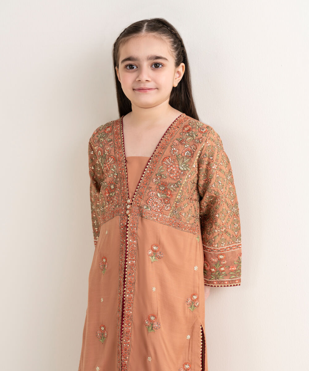 Girl's Viscose Raw Silk Orange Embroidered 2 Piece Suit