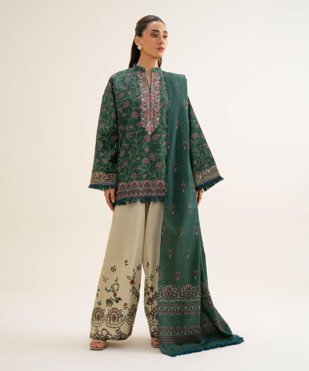 Women's Unstitched Premium Khaddar Embroidered Green 3 Piece Suit