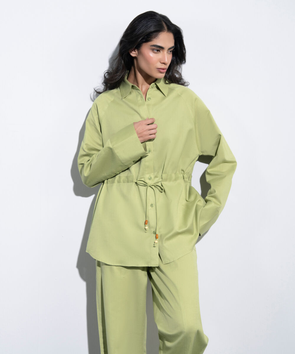 Women's Western Green Linen Blend Shirt With Waist Drawcord