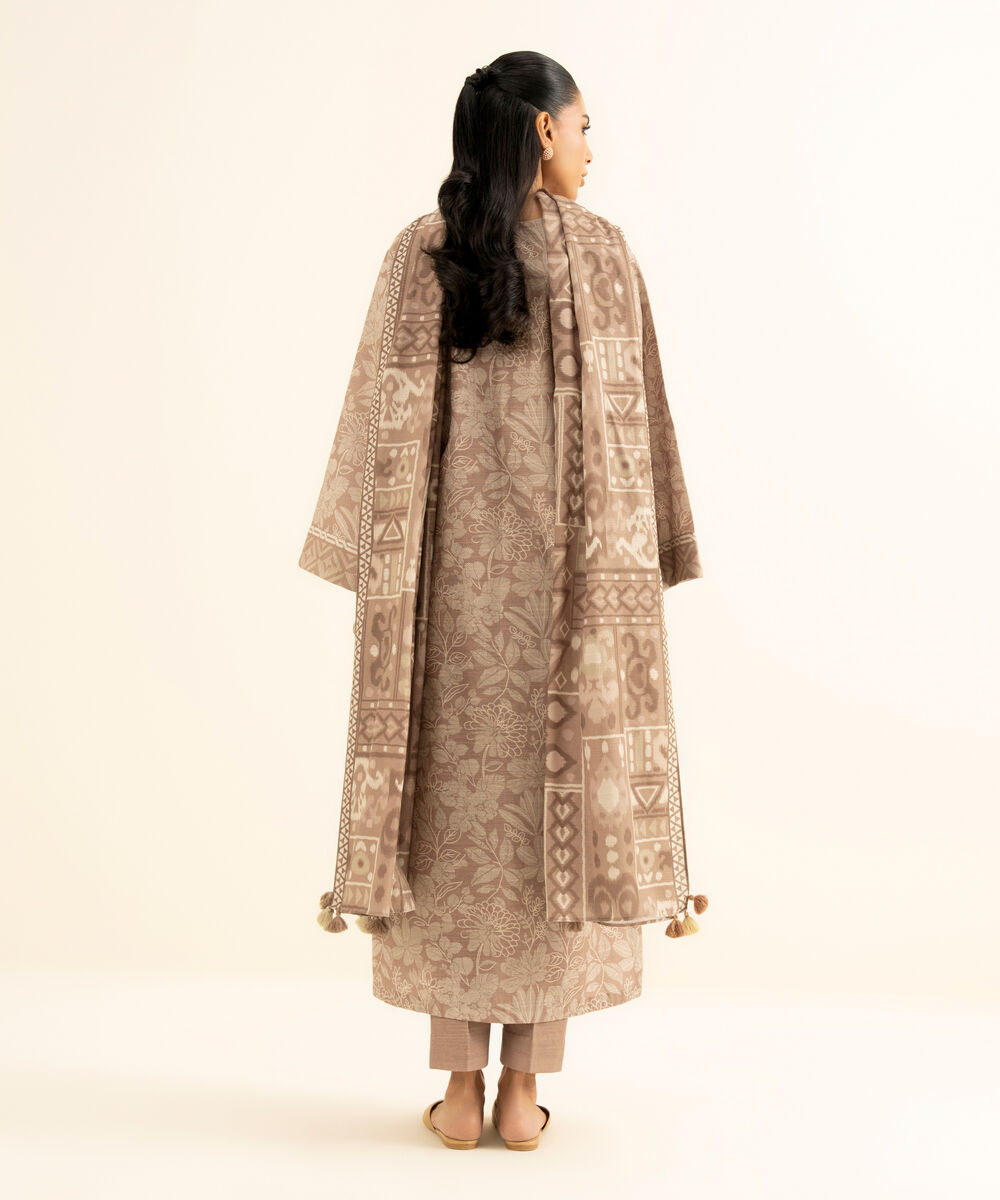 Women's Unstitched Printed Khaddar Beige 3 Piece Suit