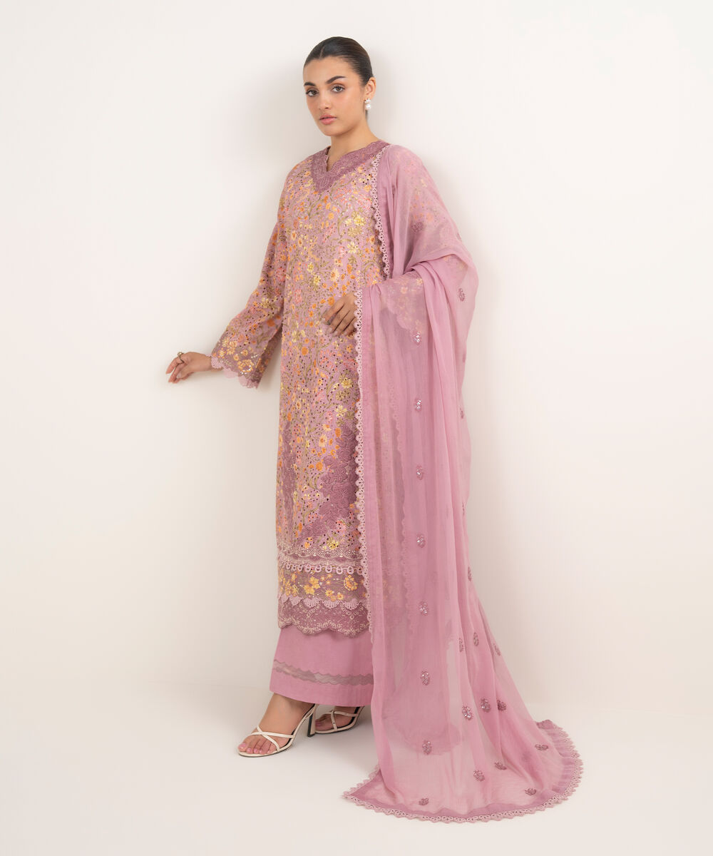 Women's Unstitched Cotton Embroidered Pink 3 Piece Suit
