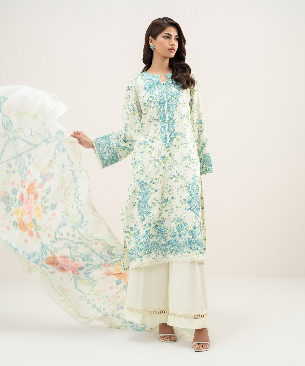 Women's RTW Lawn Embroidered Off White 3 Piece Suit