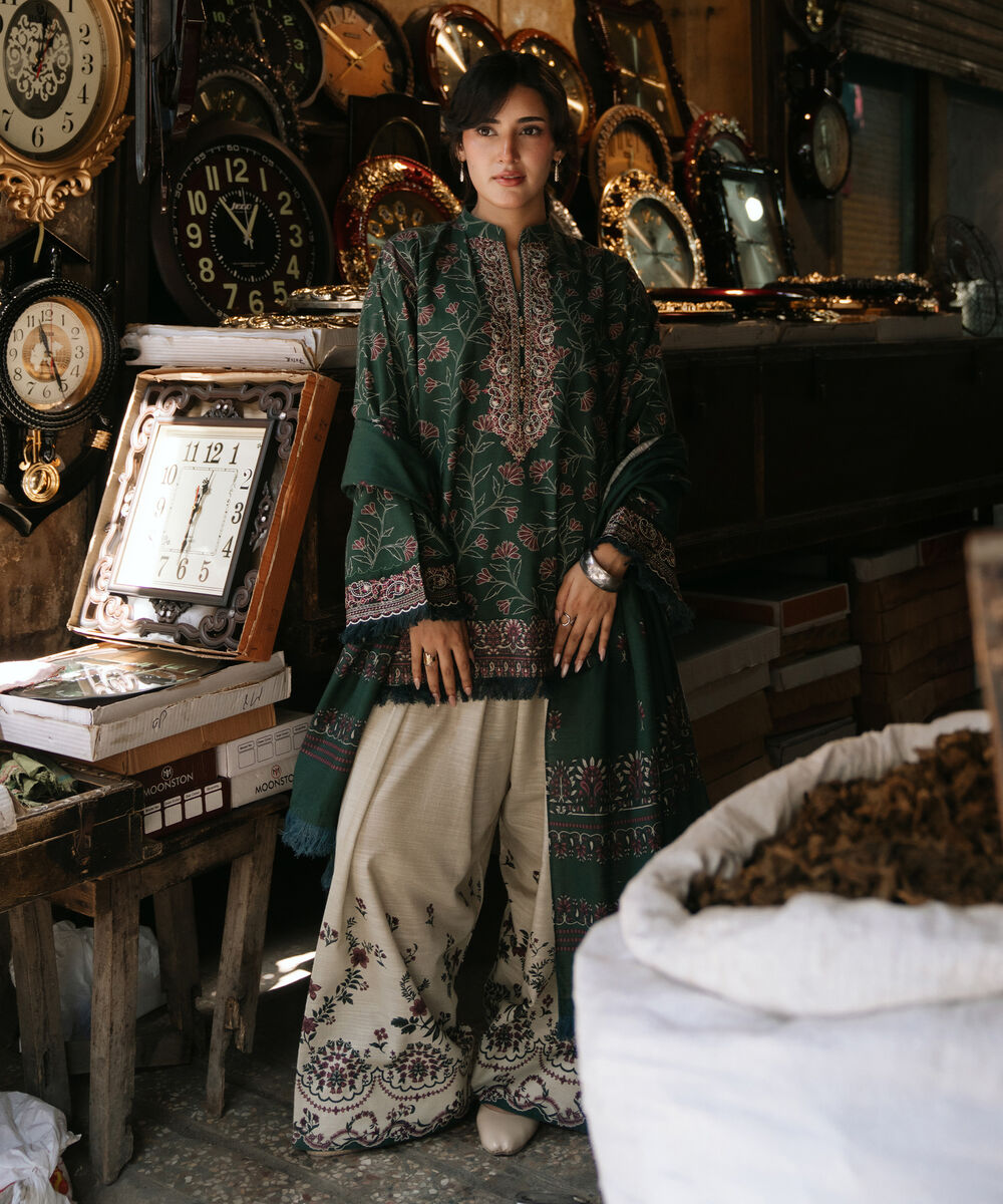 Women's Unstitched Premium Khaddar Embroidered Green 3 Piece Suit