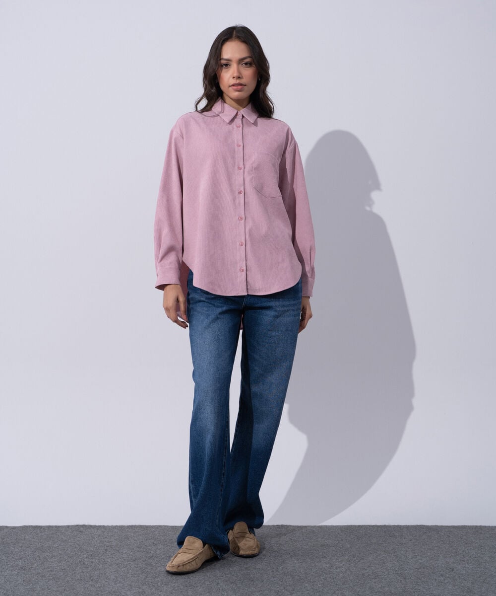 Women's Western Wear Pink Polyester Button Through Corduroy Shirt