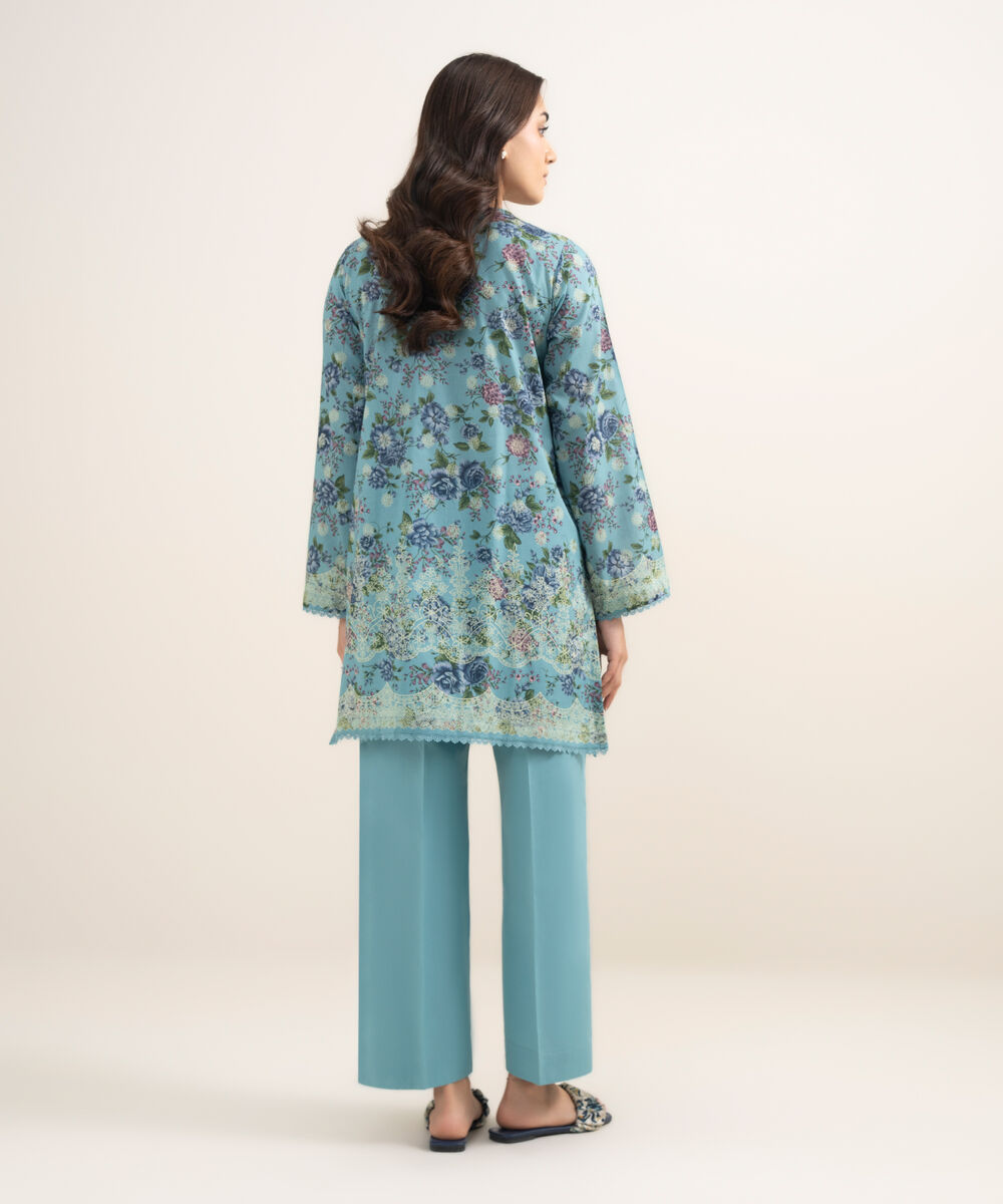 Women's RTW Lawn Embroidered Blue Straight Shirt