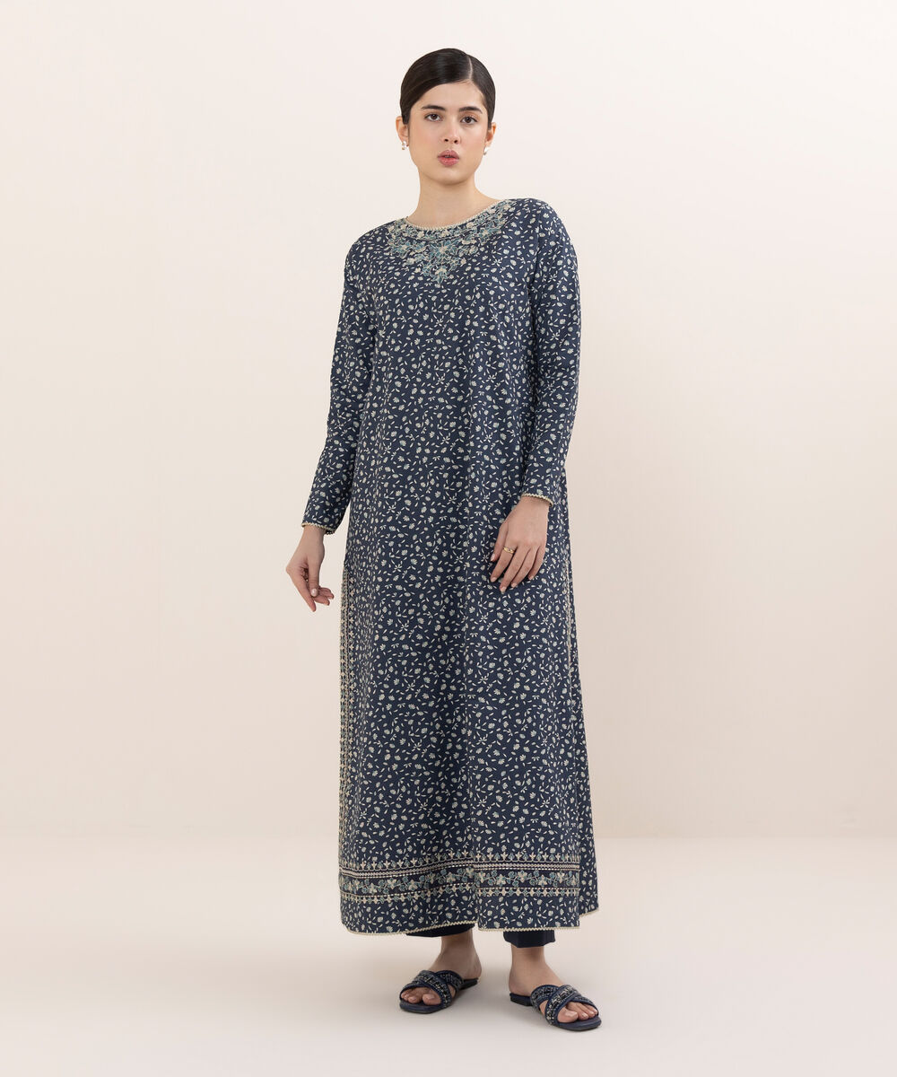 Women's Unstitched Lawn Embroidered Blue Two Piece Suit